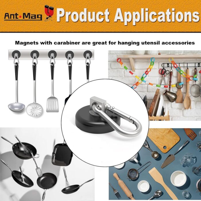 Ant Mag Heavy Duty Neodymium Magnet Hooks with Swiveling Carabiner - 140LBS Capacity, Indoor/Outdoor Hanging, Black (2 Pack) - Image 6