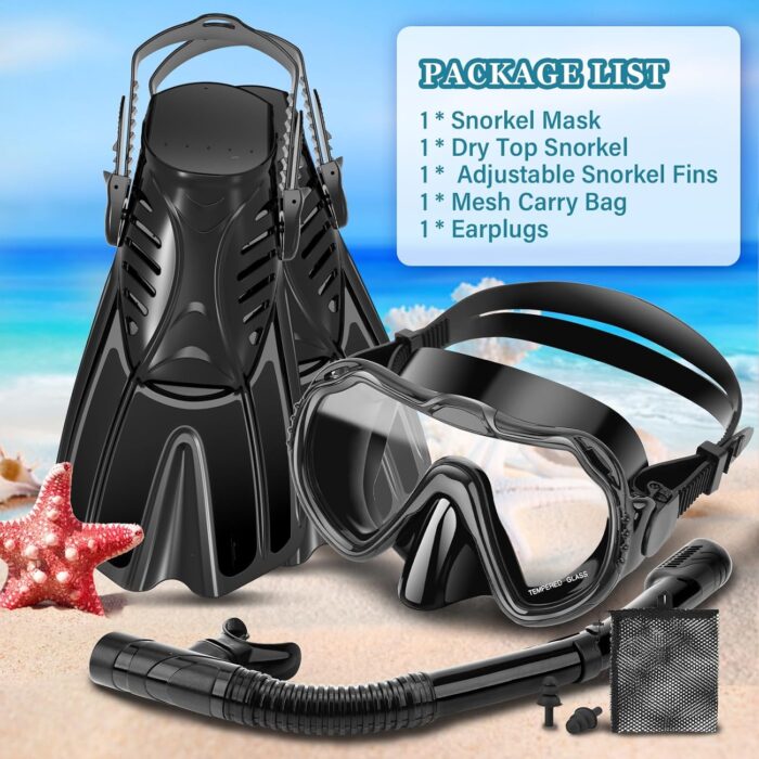 Snorkeling Gear for Adults, 4 in 1 Travel Size Mask Fins Snorkel Set with Panoramic View Anti Fog Mask, Dry Top Snorkel, Trek Fins and Travel Bag, Snorkel Gear for Swimming Diving Snorkeling - Image 7