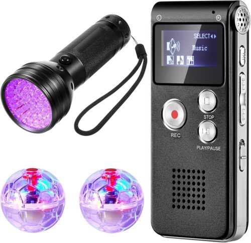 Dunzy 4 Pcs Ghost Hunting Equipment Kit Includes 1 Pocket Digital Voice Recorder 2 LED Light Up Pet Cat Ball 1 Black UV Flashlight, 8 GB(Black,Classic)