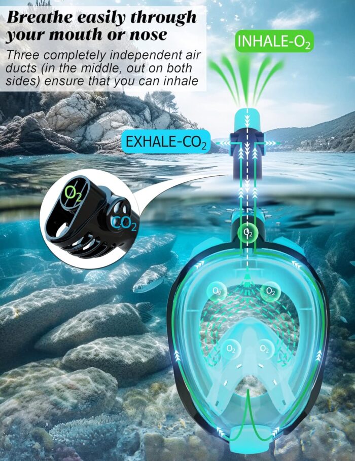 W WSTOO Full Face Snorkel Mask Adults,Suitable for Beginners Dry Top Snorkeling Gear,Can Your Mouth or Nose to Breathe,180 Degrees Panoramic View,Anti-Fog Anti-Leak,Summer Travel and Vacationing Gifts - Image 2