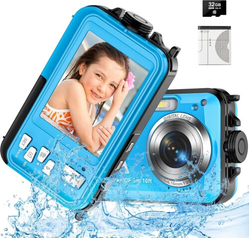 Underwater Camera with 32GB Card Waterproof Camera 10FT 30MP FHD 1080P Compact 16X Digital Zoom Underwater Kids Digital Camera for Snorkeling, Blue