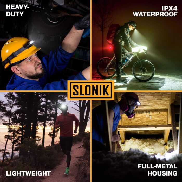 SLONIK Rechargeable Headlamp for Adults - 1000 Lumens Super Bright 60 ft Beam LED Flashlight - Lightweight, Heavy-Duty, IPX4 Waterproof Hard Hat Light - Camping Gear, Running Headlight, Black - Image 2
