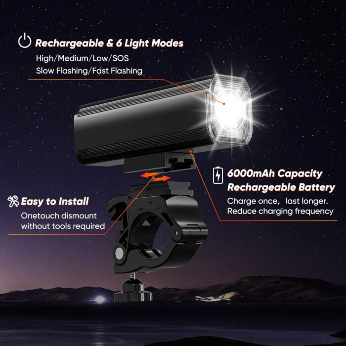 2025 New Bike Lights for Night Riding, Aluminum 1200 Lumens Rechargeable Super Bright Bicycle Headlight and Back Taillight, Waterproof LED Display 6+4 Modes Bicycle Lights Sets - Image 3