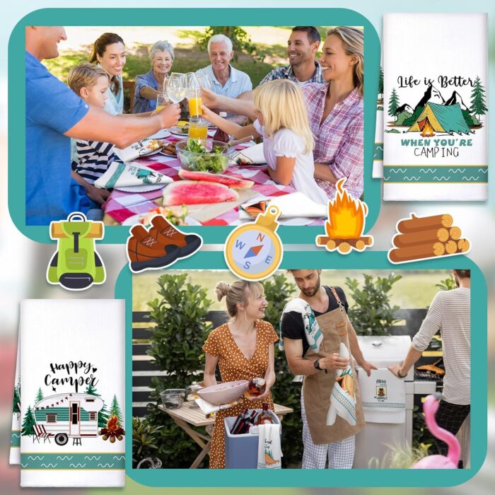 Set of 6 Camping Kitchen Towels White Absorbent Dishcloth Bonfire Tent Car Tea Towels 24 x 16 Inches with Funny Sayings Novelty Gifts for Campers Happy Camper Camping Accessories for Rv Campers - Image 2