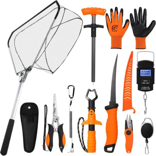 10 Pcs Fishing Tool Kit, Fishing Pliers with Lanyard and Protective Sheaths, Landing Net, Fillet Knife, Fish Scale, Gripper, Hook Remover, Braid Scissors, Gloves for Fishmen Gifts