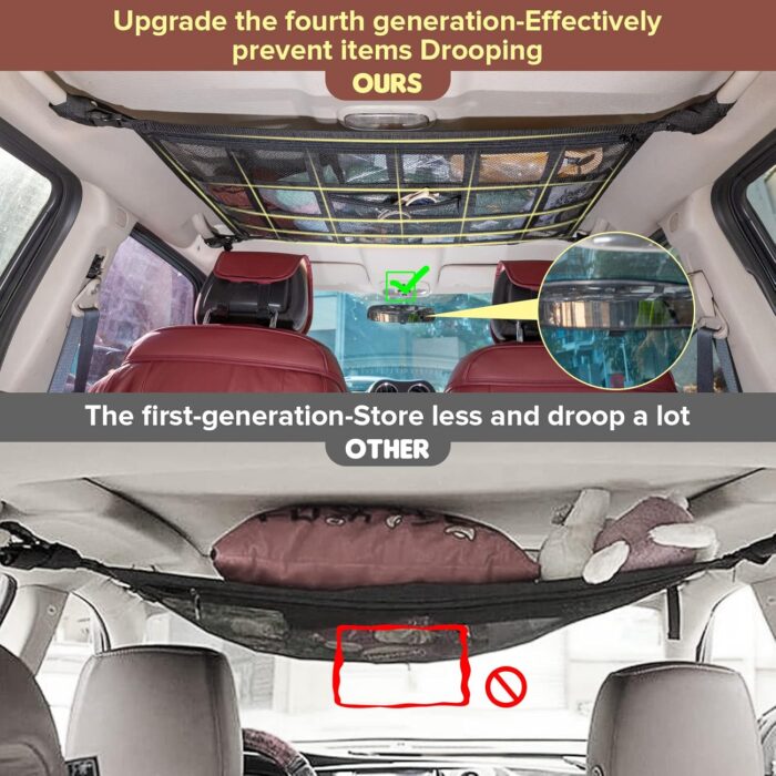 Upgrade Car Ceiling Cargo Net Pocket,31.5"x21.6" Strengthen Load-Bearing and Double-Layer Mesh Car Roof Storage Organizer,Truck SUV Van Travel Long Road Trip Camping Interior Accessories - Image 2