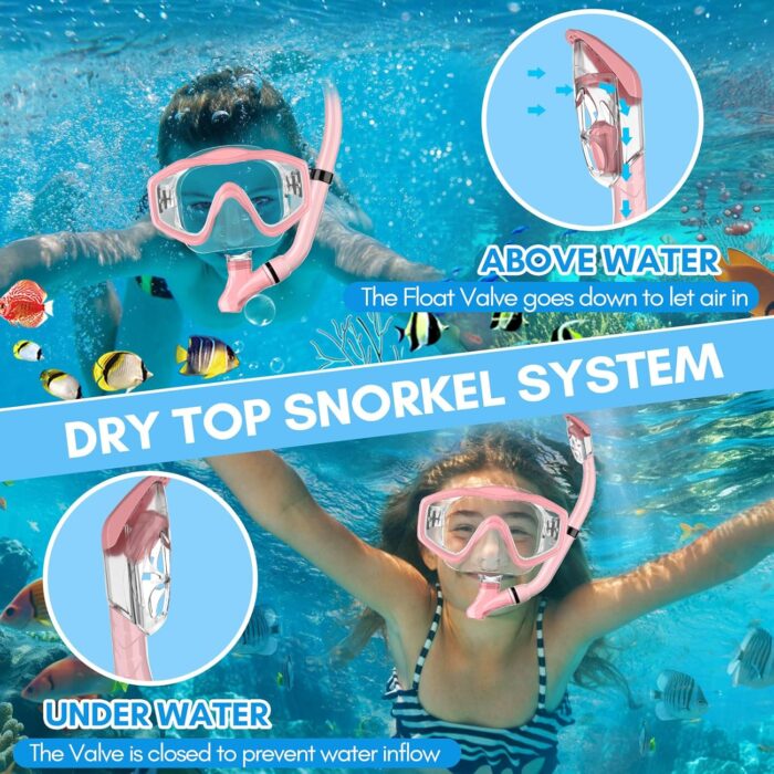 HiiPeak Snorkeling Gear for Kids, Goggles with Nose Cover, Dry Top Snorkel Set for Ages 5-15 - Image 2