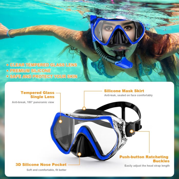 Snorkeling Gear for Adults, Snorkel Mask Adult Dry Top Snorkel Set with Panoramic View Anti-Fog Scuba Diving Mask for Snorkeling Swimming Travel, Snorkeling Kit Diving Packages - Image 5