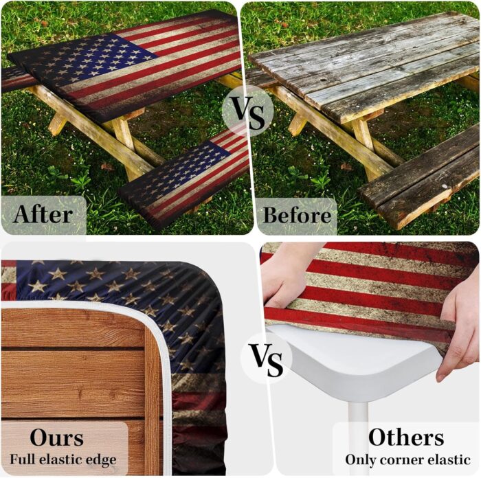 Picnic Table Cover with Bench Covers Elastic Edges, American Flag Fitted Table Cover, Outdoor Patio Camping Essentials 72 Inch 3PCS, Waterproof Camping Fitted Tablecloth with Drawstring Bag - Image 3