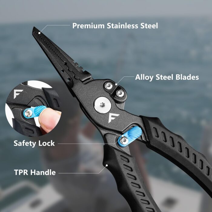 FLISSA 7-1/2 Inch Fishing Pliers, Safety Lock Design Fish Pliers Saltwater with TPR Handle, Stainless Steel hook remover with Braid Cutters, Sheath and Lanyard, Fishing Tool Gifts for Men - Image 5