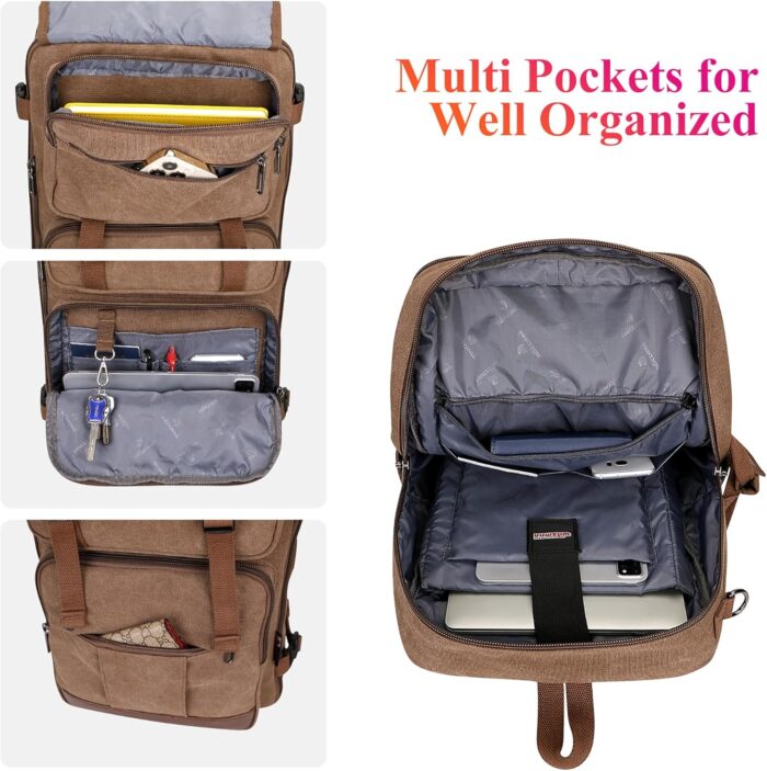 WITZMAN Canvas Travel Backpack for Men Large Laptop Backpack Fit 17 inch Carry-on Airline Approved Convertible Shoulder Rucksack(A6617-3 Brown) - Image 5