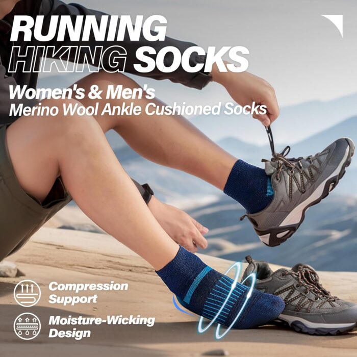 6 Pairs Merino Wool Ankle Running Hiking Socks Compression Support Breathable Thick Cushion No Show Socks for Women Men - Image 2