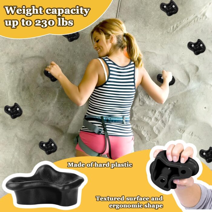 10PCS Black Rock Climbing Holds, Rock Climbing Wall for Kids, Extra Large Size Climbing Rock Wall Grips with Mounting Hardware and Wrench for Indoor Outdoor Playground, Installed on Wooden Board - Image 3
