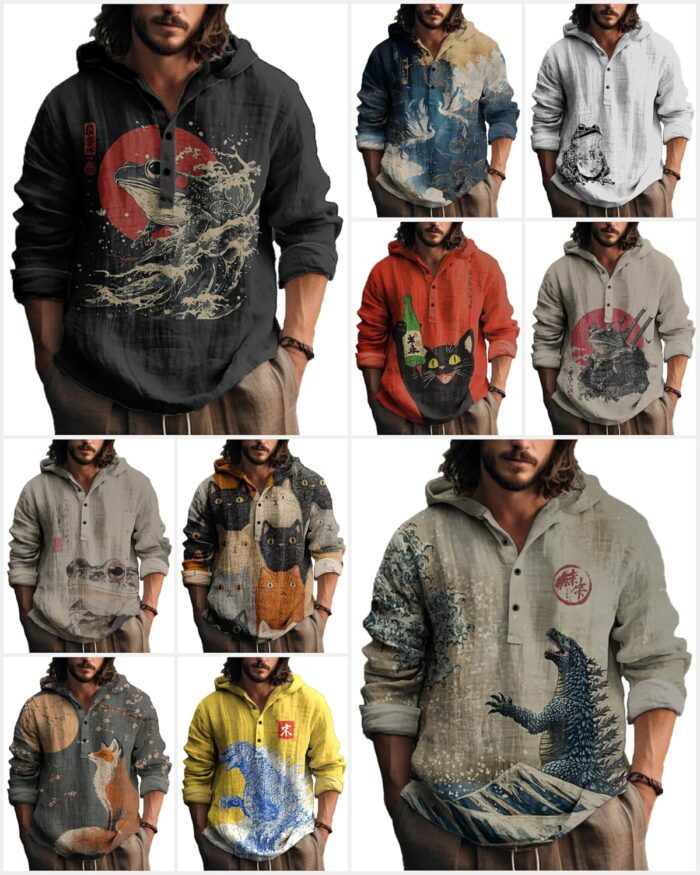 MARSVOVO Mens Japanese Art Long Sleeve Hooded Shirts Lightweight Quarter Button Hoodie Casual Cool Tops for Spring Fall - Image 5
