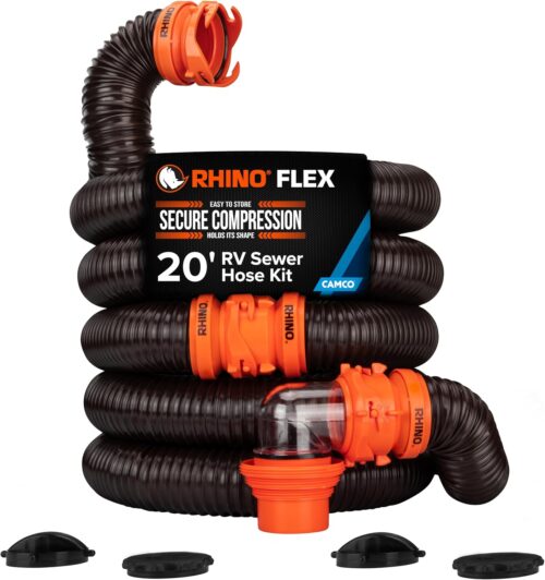 Camco RhinoFLEX 20-Ft RV Sewer Hose Kit - Features Clear Elbow Fitting w/Removable 4-in-1 Adapter - Connects to 3” Slip or 3”/3.5”/4” NPT Threaded Sewer Connection (39742)
