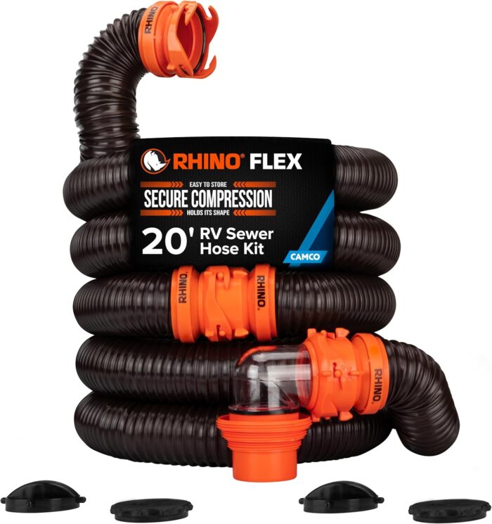 Camco RhinoFLEX 20-Ft RV Sewer Hose Kit - Features Clear Elbow Fitting w/Removable 4-in-1 Adapter - Connects to 3” Slip or 3”/3.5”/4” NPT Threaded Sewer Connection (39742)