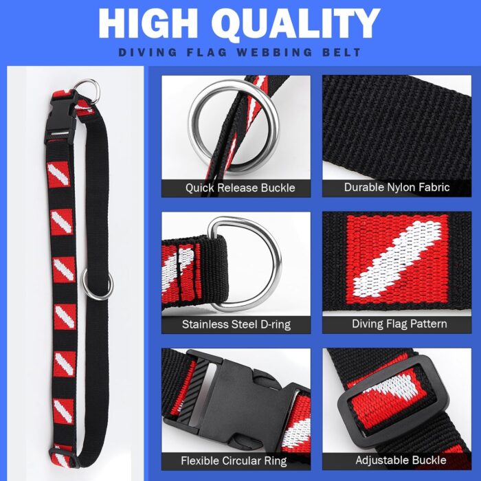 Scuba Diving Belt with Quick Release Buckle, Adjustable Dive Belt with D Ring & Movable Ring, Dive Flag Webbing Diving Gear Hanging Strap for Scuba Diving, Freediving, Snorkeling Equipment - Image 3