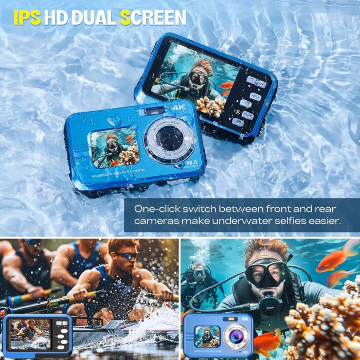 Underwater Camera, Selfie Dual Screens 4K 48MP 11FT Autofocus Waterproof Digital Camera for Snorkeling,16X Zoom, 64GB Card, 2 Batteries, Fill Light (Blue) - Image 4