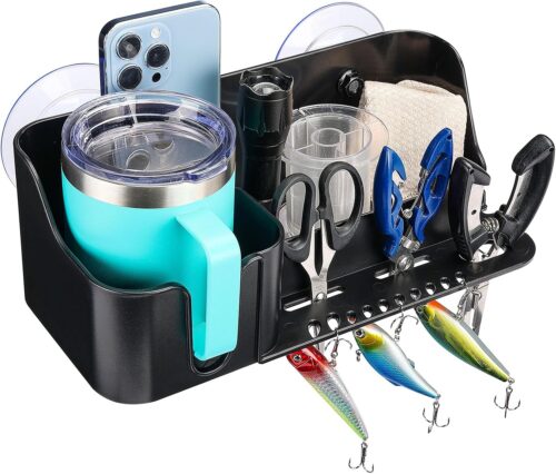 KEMIMOTO Boat Caddy Organizer, Cup Holder Installed With Screws/Suction Cups on Any Flat Surface, Storage Organizer, Cockpit Storage Box for Bass Kayak Pontoon Jon Boat
