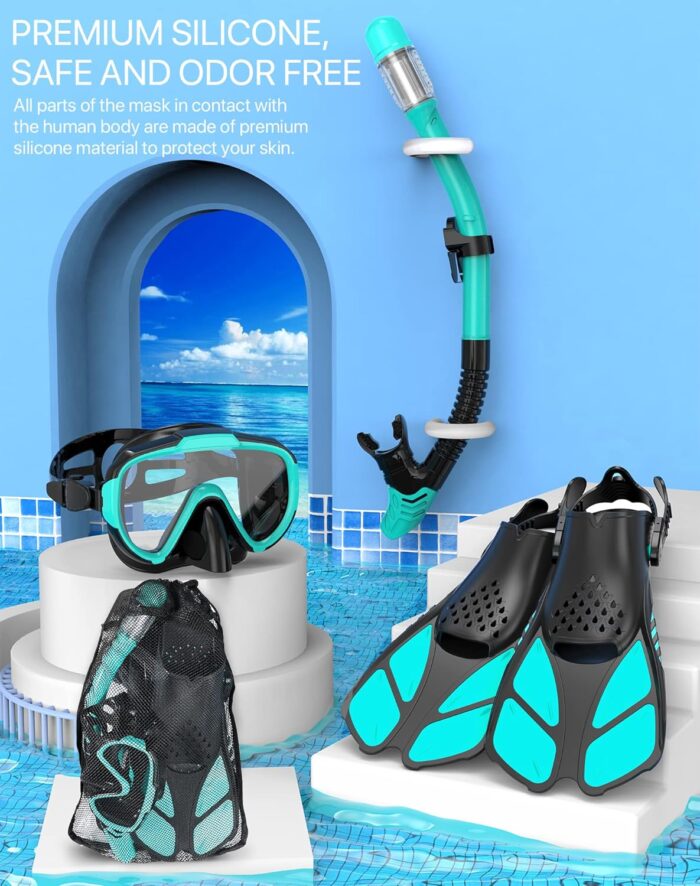 Snorkeling Gear for Adults Men Women,4 in 1 Snorkel Set with Panoramic View Diving Mask Anti-Fog Anti-Leak,Dry Top Snorkel,Fins and Travel Bag for Swimming,Snorkeling and Travel Diving - Image 5
