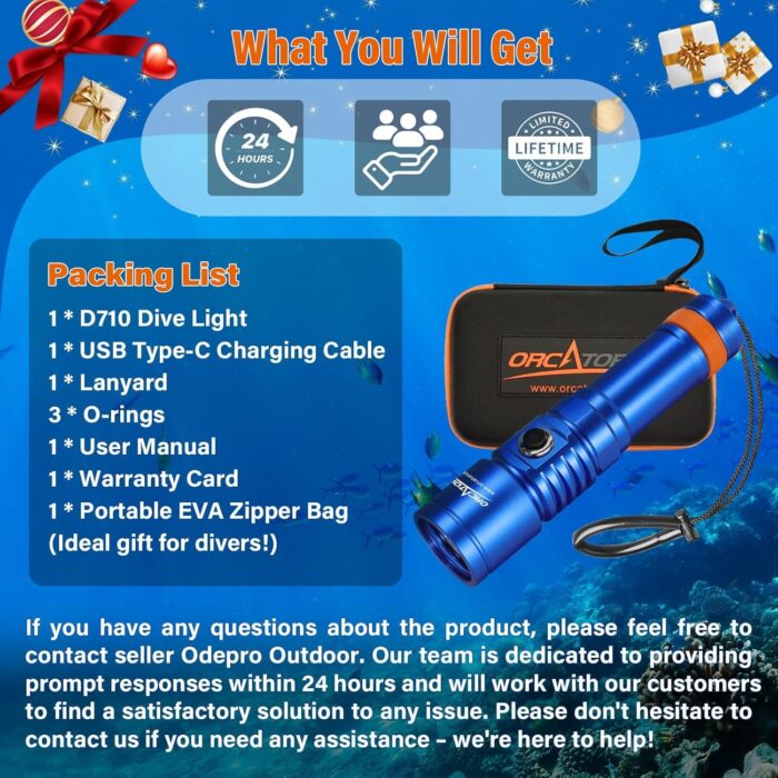 ORCATORCH D710 Scuba Diving Light, 3000 Lumens Super Bright Underwater Flashlight with 6 Degrees Narrow Beam, IP68 Waterproof Night Dive Torch 150 Meters Submersible Light (Blue) - Image 6