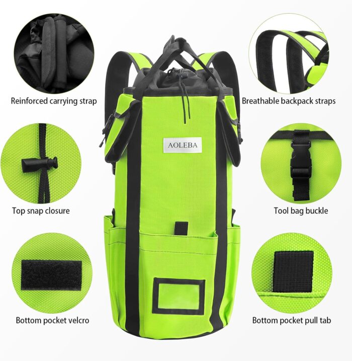 AOLEBA Arborist Rope Storage Bag Tree Climbing Rock Rope Bucket Backpack Rope Storage Bag Large Capacity 1680D Thicken Nylon Material with Hand Straps, Side Pockets - Image 5
