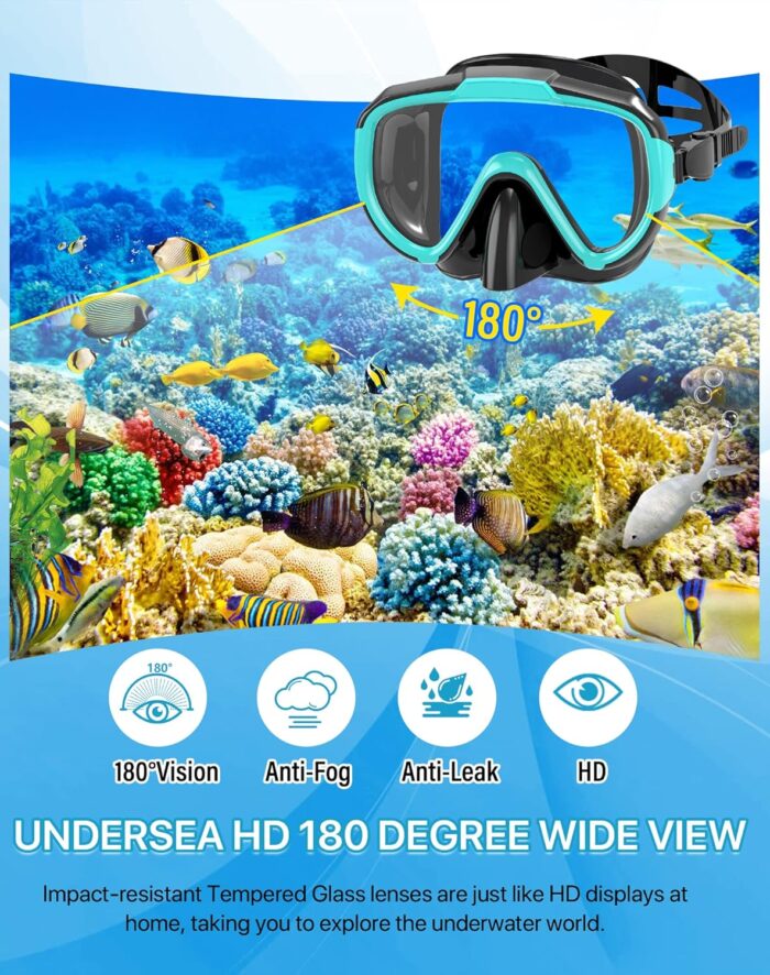 Snorkeling Gear for Adults Men Women,4 in 1 Snorkel Set with Panoramic View Diving Mask Anti-Fog Anti-Leak,Dry Top Snorkel,Fins and Travel Bag for Swimming,Snorkeling and Travel Diving - Image 2