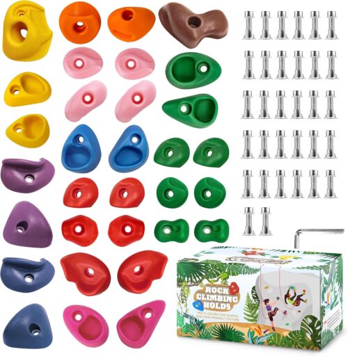 TOPNEW 32 Rock Climbing Holds Multi Size for Kids, Adult Rock Wall Holds Climbing Rock Wall Grips for Indoor and Outdoor Playground Play Set - Includes 2 Inch Mounting Hardware