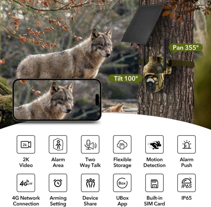4G LTE Cellular Trail Cameras 2K 360° View Live Streaming Game Camera Built-in SIM Card with Motion Activated Color Night Vision Remote Phone Access Solar Powered Trail Camera IP65 Waterproof - Image 2