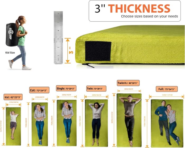3 Inch GAIALOOP Thick Memory Foam Camping Mattress Sleeping Pad [Car/Tent/Cot] Glamping Portable Floor Mat Roll Up Futon Mattress for Guests Sleepover - Image 2