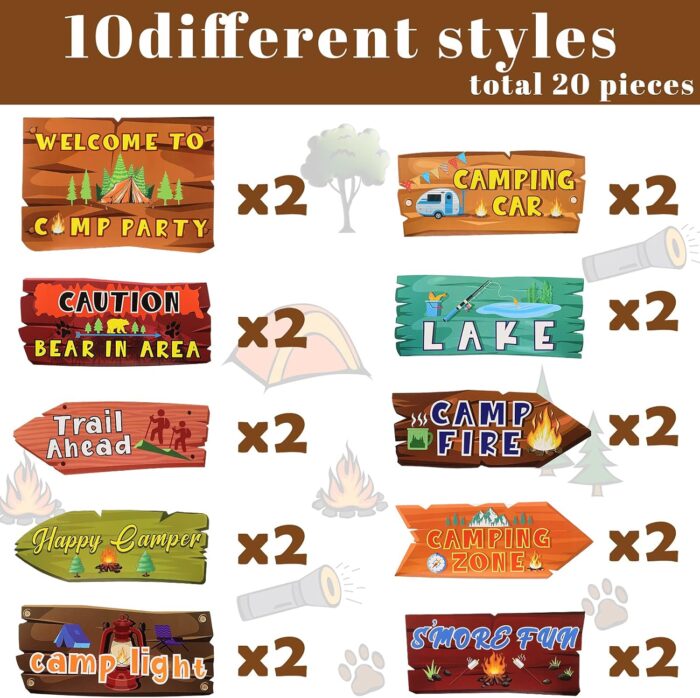 Camping Party Sign Camping Party Themed Directional Signs Camper Welcome Yard Outdoor Wall Sign Party Supplies Photo Props Backdrop Decoration Decor(20 Pcs,Card Stock) - Image 3