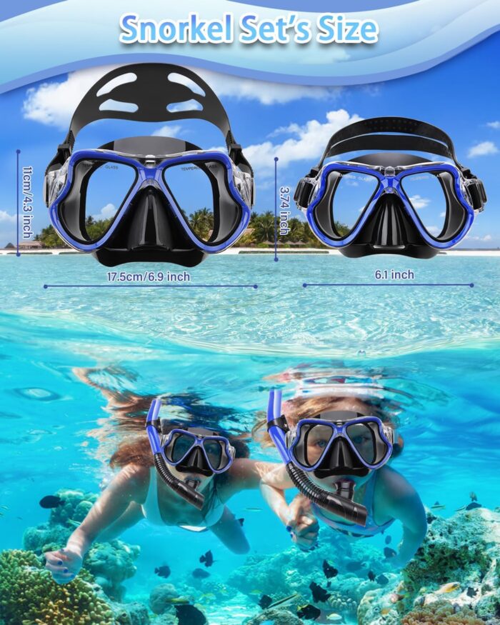 Snorkeling Gear for Adults Kids, Dry Snorkeling Set, Panoramic Anti-Leak and Anti-Fog Tempered Glass Lens, Adjustable Strap Snorkel Set with Mesh Bag Ear Plug for Snorkeling Scuba Diving Travel - Image 6