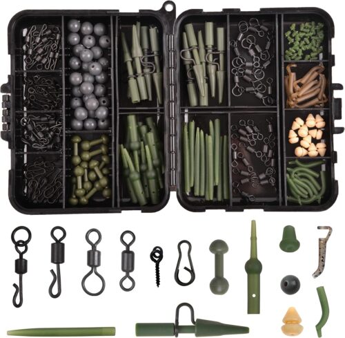 230pcs Carp Fishing Tackle Box Kit Carp Fishing Rigs Making Accessories Carp Swivel Snaps Helicopter Rigs Safety Lead Clips Rubber Sleeves Carp Fishing Terminal Tackle