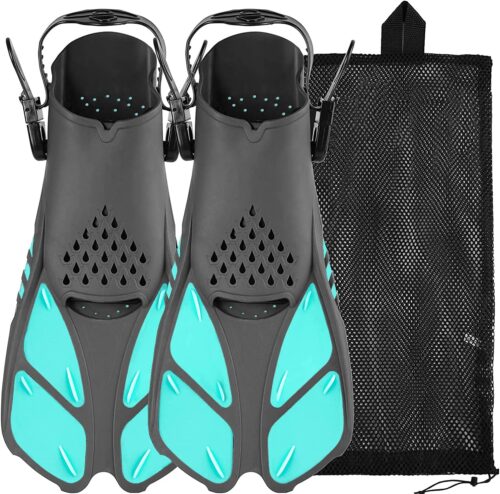 Sugaroom Swim Fins Open Heel, Adjustable Snorkel Fins Diving Fins with Mesh Bag, Snorkeling Gear Flippers Travel Size Short Flippers for Lap Swimming Scuba Dive Adult Men Women Kids