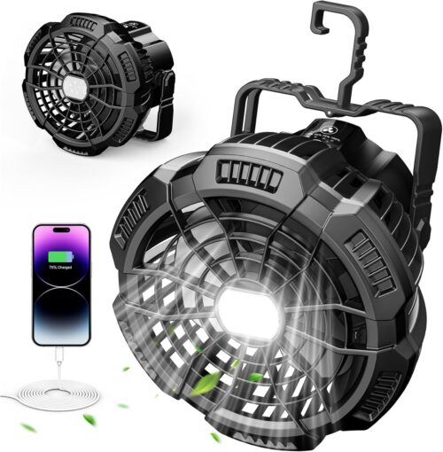 15000mAh Portable Camping Fan with Lantern, Rechargeable Battery Operated Fans with Hook, Glamping Tent Hanging Fan for RV Travel,Car Camping Essentials Accessories,Hiking Gear,Hurricane Survival Gear