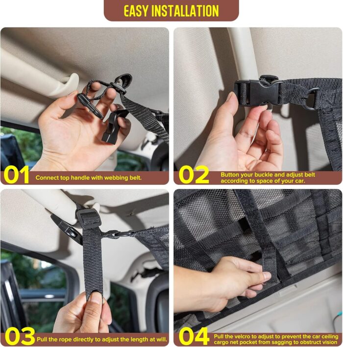Car Ceiling Cargo Net Pocket Storage Net,29.5"x19.7" Adjustable D-Buckle to Reduce Sagging Roof Storage Organizer,Double-Layer Mesh SUV for SUVs,Road Trips,Car Camping Essentials - Image 7