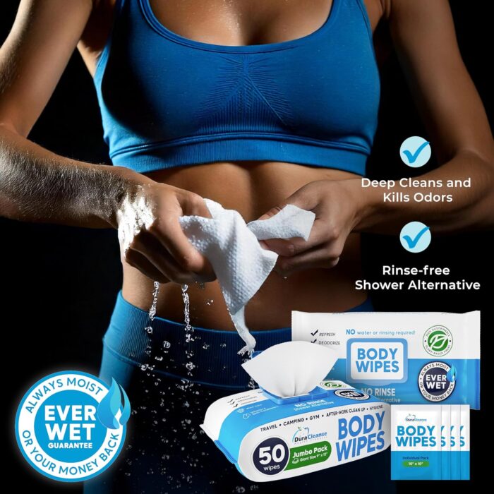 XL Body Wipes for Adults Bathing No Rinse - 50 Ct. + 4 Travel Shower Wipes - 9"x12" Thick Cleansing Bath Wash Sheets for Elderly Incontinence, Men & Women - Camping Essentials Disposable Washcloths - Image 5
