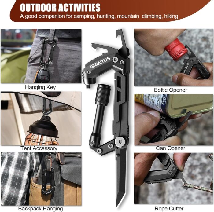 Carabiner Multitool 8-in-1 EDC Carabiners Pocket Knife, Serrated Knife, Rope Cutter, Screwdriver, Can Bottle Opener, Ruler, Survival Gear for Camping Climbing, Christmas Gifts for Men Women (Black) - Image 4