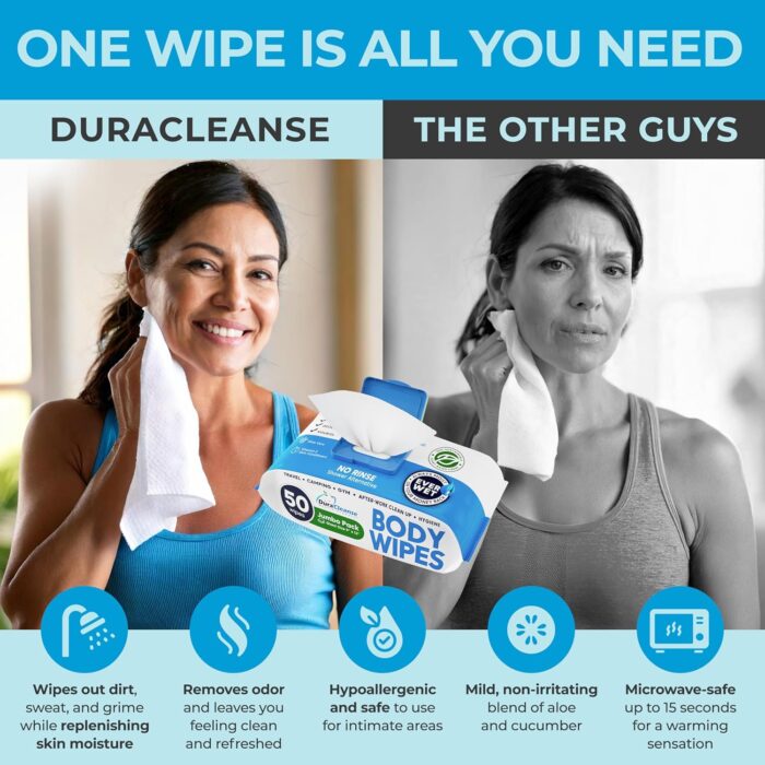 XL Body Wipes for Adults Bathing No Rinse - 50 Ct. + 4 Travel Shower Wipes - 9"x12" Thick Cleansing Bath Wash Sheets for Elderly Incontinence, Men & Women - Camping Essentials Disposable Washcloths - Image 3