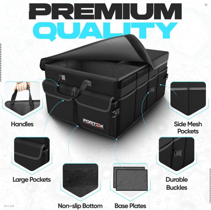 FORTEM Car Trunk Organizer, Collapsible Multi Compartment SUV Organizer, Foldable Storage for Car Accessories for Women Men, 600D Oxford, Non Slip Bottom, Securing Straps, Soft Cover (50L) - Image 2