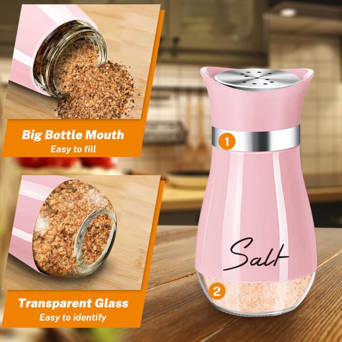 Salt and Pepper Shakers Set,4 oz Glass Bottom Salt Pepper Shaker with Stainless Steel Lid for Kitchen Cooking Table, RV, Camp,BBQ Refillable Design (Pink) - Image 3
