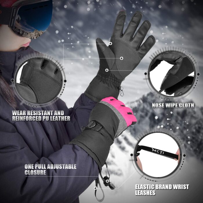 MCTi Ski Gloves,Winter Waterproof Snowboard Snow 3M Thinsulate Warm Touchscreen Cold Weather Women Gloves Wrist Leashes - Image 5
