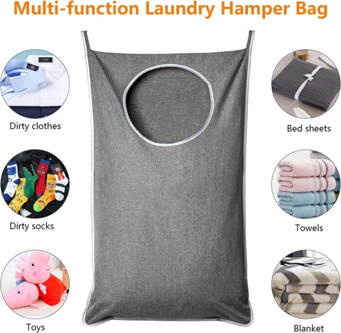 XL Hanging Laundry Hamper, Extra Large Tear-resistance Door Hamper with 2 Types Hooks for Dirty Clothes, Save Bathroom Space Hanging Laundry Bag (36.5x 22 Inch,Grey) - Image 6