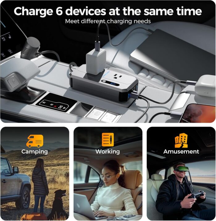 200W Car Power Inverter, TESSAN 12V DC to 110V AC Converter with 2 AC Outlets and 4 USB Ports, PD/QC 3.0 Fast Charging, Car-Essentials for Camping, Road Trip, Gray - Image 6