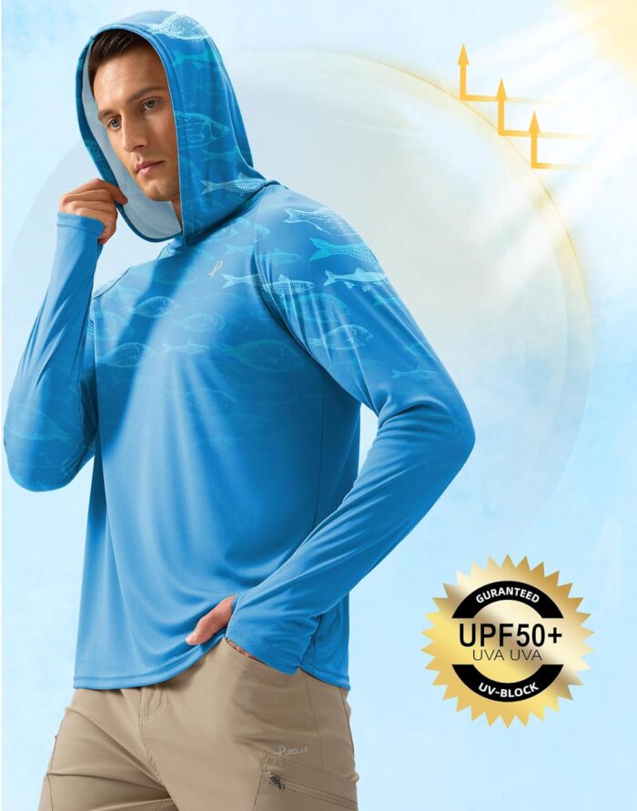 Pudolla Men's Sun Protection Hoodie Shirts UPF 50+ Rash Guard SPF Long Sleeve Fishing Shirt for Men Swim Hiking Boating - Image 2
