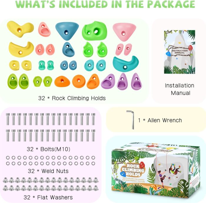 TOPNEW 32 Rock Climbing Holds Multi Size for Kids, Adult Rock Wall Holds Climbing Rock Wall Grips for Indoor and Outdoor Playground Play Set - Image 2