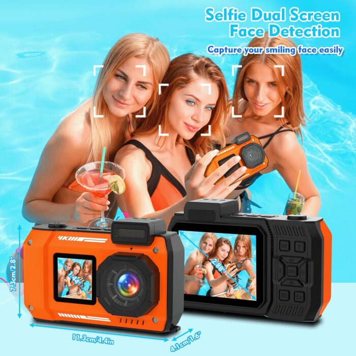 33FT/10M Underwater Camera 4K 48MP Waterproof Camera with 32GB Card Dual-Screen Rugged Dustproof Shockproof Autofocus Selfie Digital Camera for Snorkeling Diving Sport Travel (Orange) - Image 4