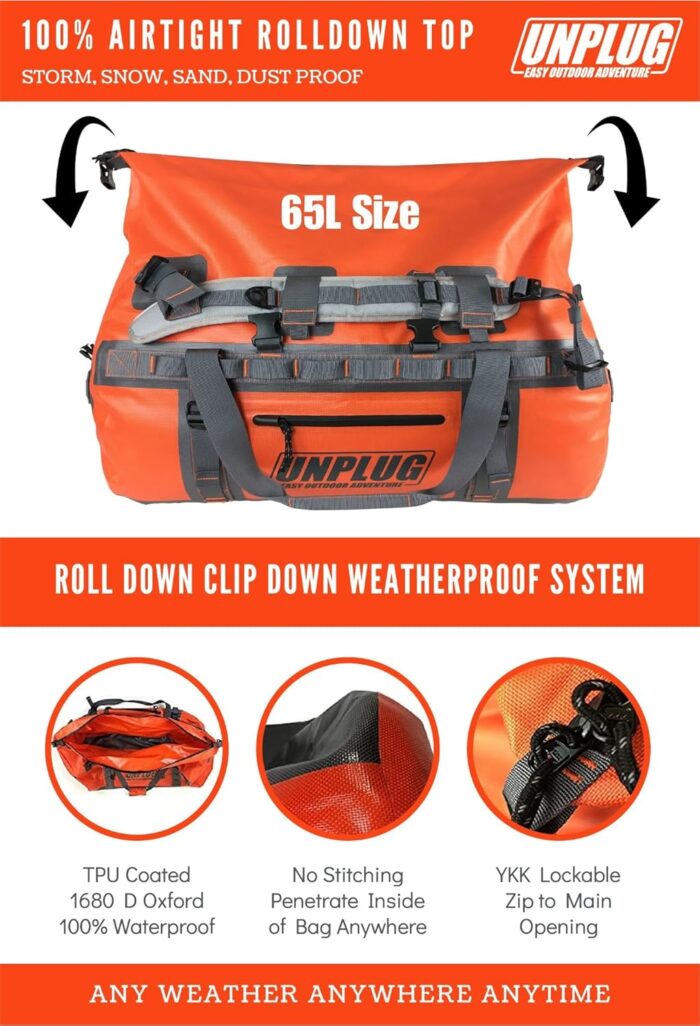 UNPLUG Ultimate Adventure Bag | 1680D Heavy Duty Waterproof Bag | Large Travel Duffle Bag which can be Used for Camping, Motorcycling, Boating, or Hunting - Image 3