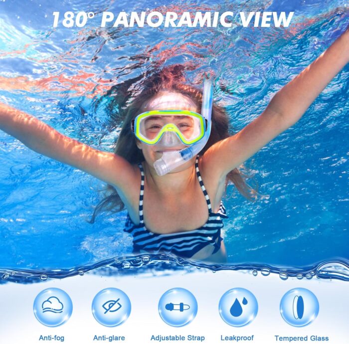 Kids Snorkel Set, Children Anti-Fog Diving Mask Swimming Goggles Dry Top Snorkel Equipment Snorkeling Packages Swimming Gear for Youth Boys Girls Age 5-10 - Image 2