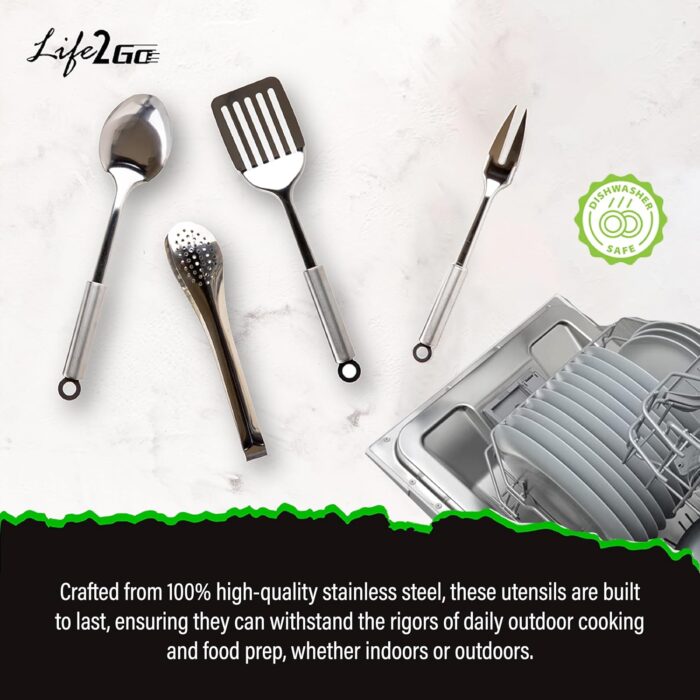 12 Pcs Camp Cooking Utensil Set & Outdoor Kitchen Gear Cookware Kit, Portable Compact Carry Case for Camping, Hiking, Travel, BBQ Grilling Stainless Steel Accessories Spoon & Fork, Navy - Image 4